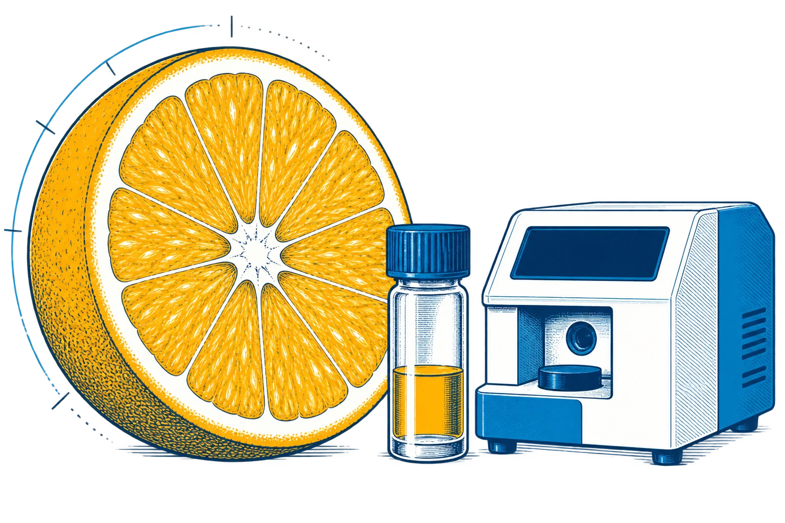 Original engraved illustration of a cut Florida orange alongside a sample vial and laboratory instrument.