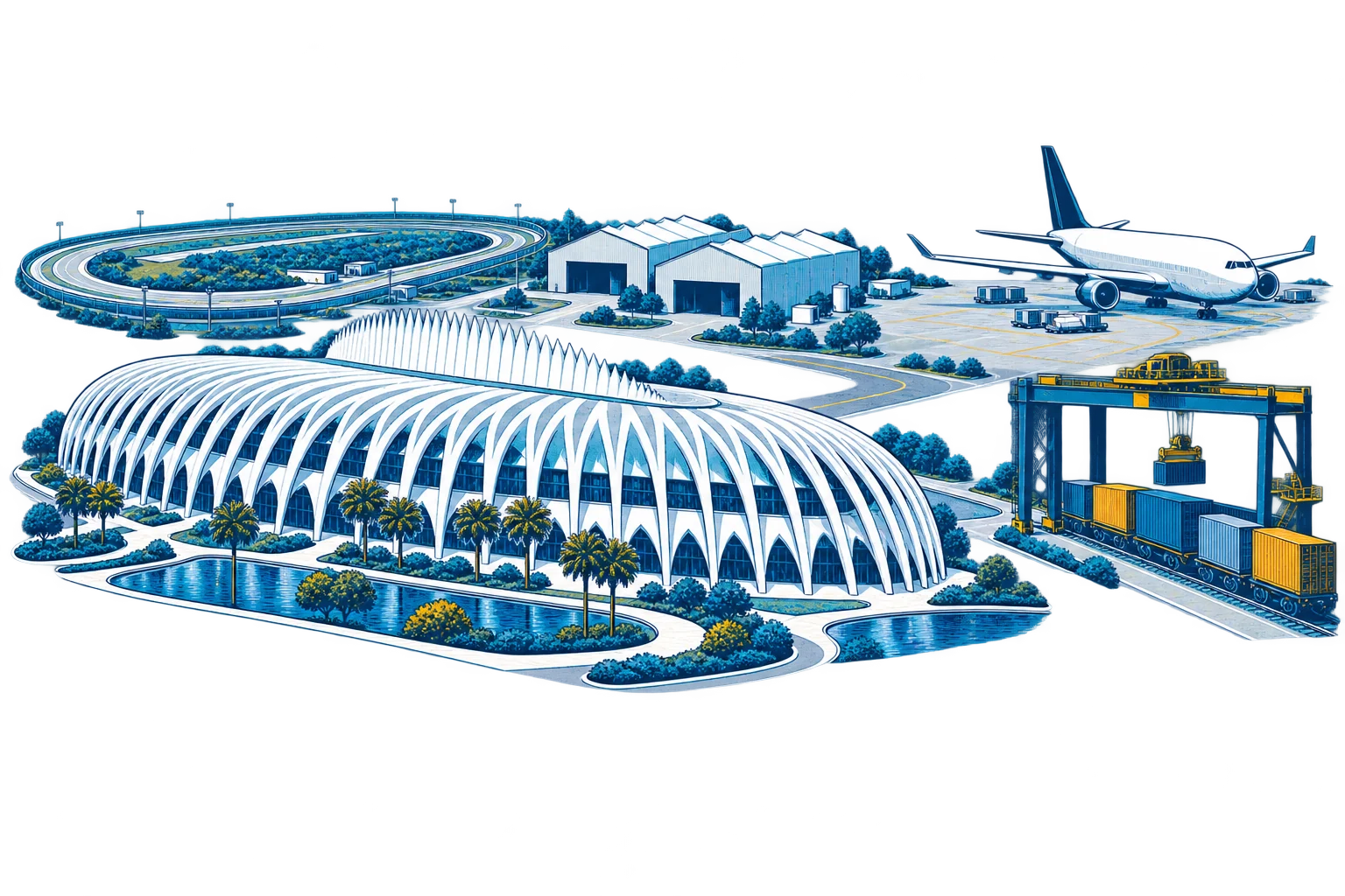 An original illustrated composite of Polk County’s research architecture, mobility testing, manufacturing, air cargo and rail infrastructure.